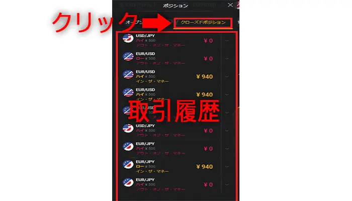 bi-winningデモ口座の取引履歴